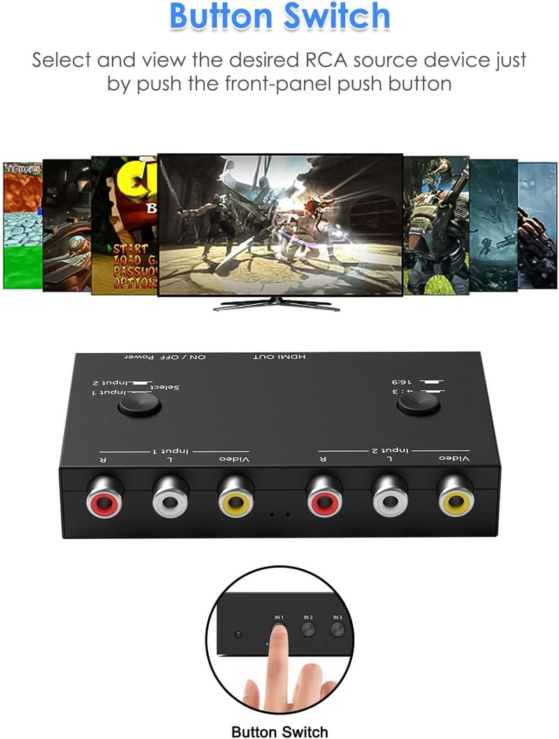 OseTub 2 Port RCA to HDMI Converter, Dual AV to HDMI Converter Supports 16:9/4:3 Composite to HD MI Adapter Support 1080P PAL/NTSC Compatible with Sega/Xbox/PS1/PS2/PS3/WII/N64/VHS, VCRs, and DVD Players - Image 4